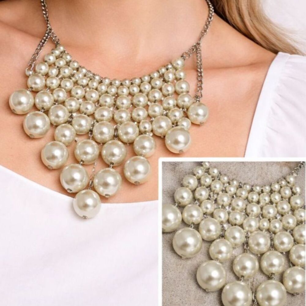 Faux Pearl Cluster Bib Necklace Ivory Silver Tone Statement Bridal Wedding Prom